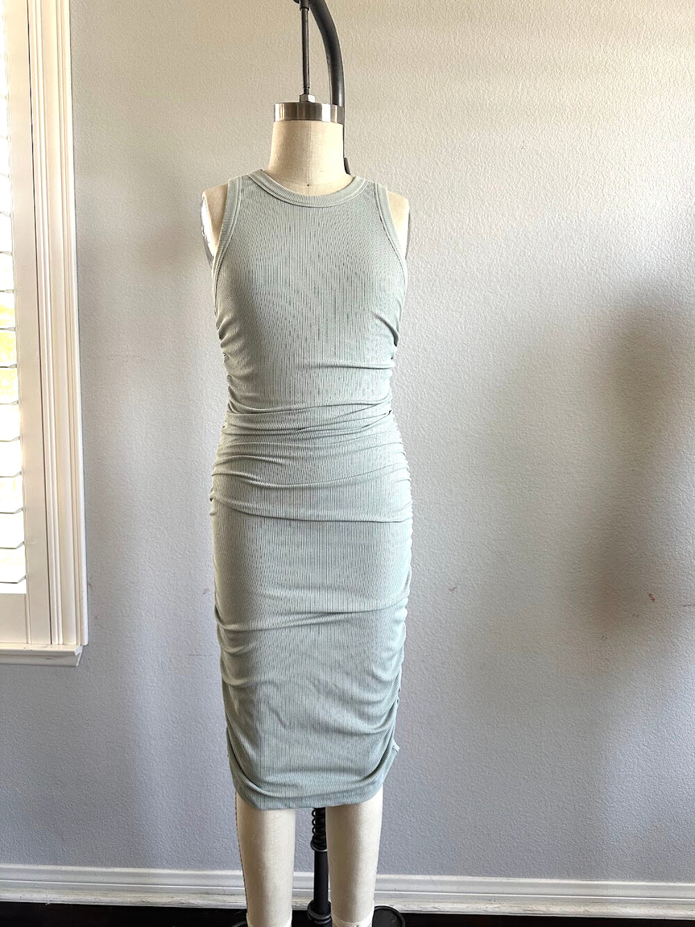 Sleeveless Ribbed Ruched Midi Dress Sage Green Bodycon Size XXS